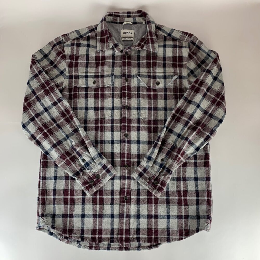 Prana Maroon Gray Plaid Long Sleeve Thick Button Down Shirt Mens Large